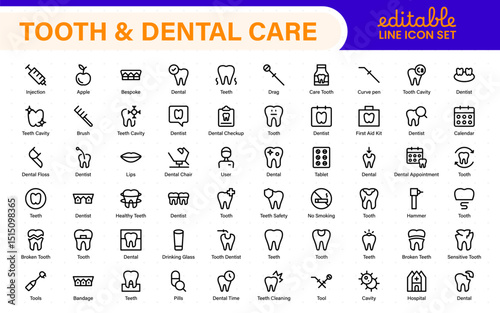 Complete Tooth and Dental Care Icon Collection. Perfect for Oral Hygiene, Dentist Tools, Preventive Measures, Whitening Solutions, and Comprehensive Dental Care