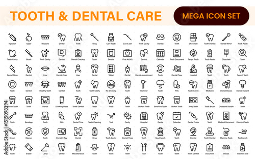 Complete Tooth and Dental Care Icon Collection. Perfect for Oral Hygiene, Dentist Tools, Preventive Measures, Whitening Solutions, and Comprehensive Dental Care