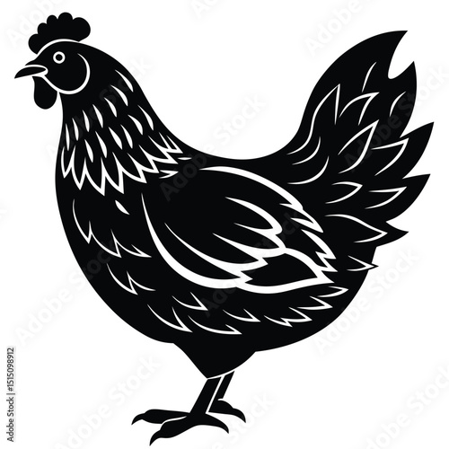 Black Silhouette Hen with Berry – Farm Animal Vector Art,
Chicken Feeding Scene with Nest – Vintage Farm Illustration,
Classic Hen Silhouette – Retro Poultry Artwork Design.