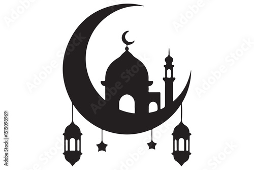 Mosque and crescent moon silhouette on white background
