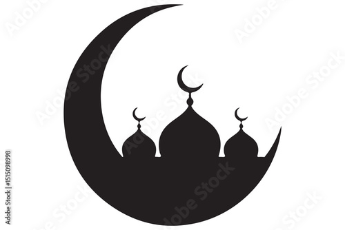 Mosque and crescent moon silhouette on white background
