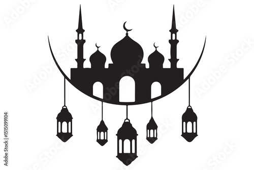 Mosque and crescent moon silhouette on white background

