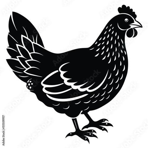 Black Silhouette Hen with Berry – Farm Animal Vector Art,
Chicken Feeding Scene with Nest – Vintage Farm Illustration,
Classic Hen Silhouette – Retro Poultry Artwork Design.