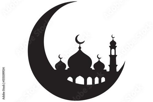 Mosque and crescent moon silhouette on white background
