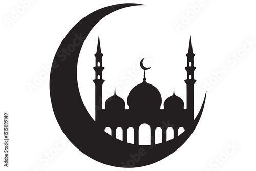 Mosque and crescent moon silhouette on white background
