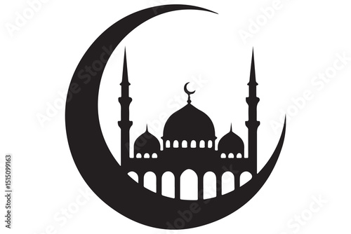 Mosque and crescent moon silhouette on white background
