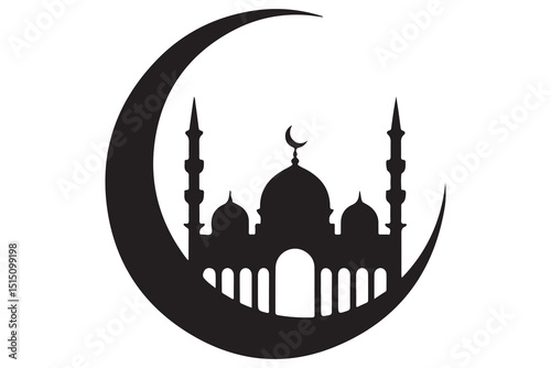 Mosque and crescent moon silhouette on white background
