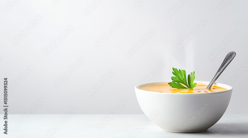 Delicious and creamy soup in a white bowl with parsley garnish. Perfect for autumn or winter comfort food. Delicious and creamy soup in a white bowl with parsley garnish. Perfect for autumn or winter comfort food.