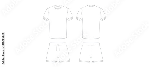 T-Shirt and Shorts Technical Flat Sketch – Front and Back View. Vector Illustration.