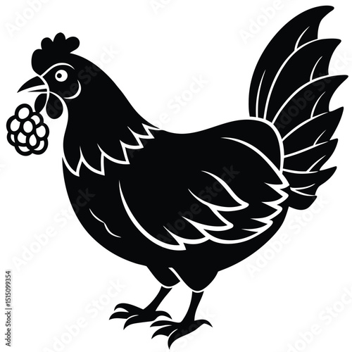 Black Silhouette Hen with Berry – Farm Animal Vector Art,
Chicken Feeding Scene with Nest – Vintage Farm Illustration,
Classic Hen Silhouette – Retro Poultry Artwork Design.