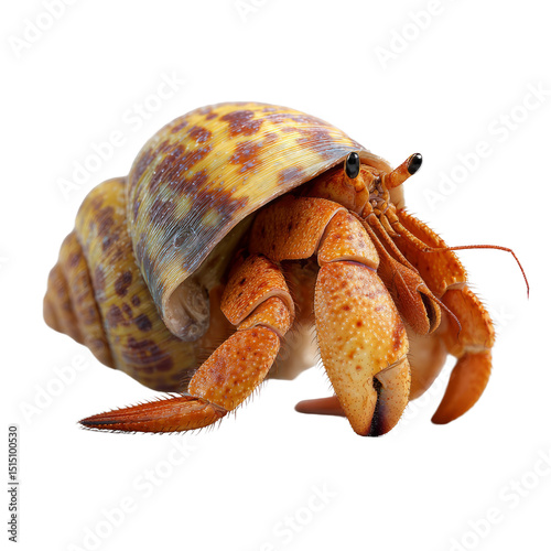 Colorful hermit crab moving on transparent background coastal beach wildlife photography close-up view marine life