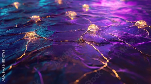 A glowing violet and teal neural circuit web with reflective golden nodal points