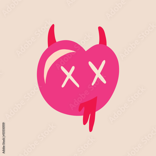 Pink quirky strange heart with a dead face and horns. Illustration in a childish hand-drawn style