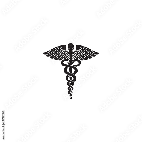Caduceus medical symbol sign with snakes and wings in black silhouette isolated