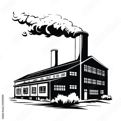 Industrial Factory Silhouette with Smoke – Black and White Vector
