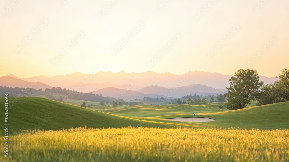 Obraz premium Scenic sunrise landscape, golden wheat field, rolling green hills, golf course, and distant mountains. Peaceful nature scene.