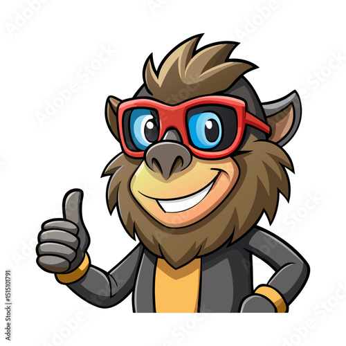 Funny baboon in sunglasses gives a smiling, approving thumbs-up in a vibrant 3D cartoon