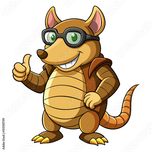 funny Armadillo wearing sunglasses gives a smiling thumbs-up in a vibrant, detailed 3D cartoon render, showing approval