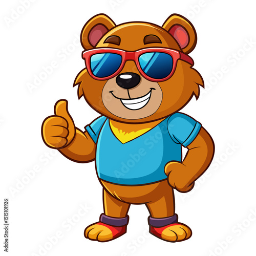 funny Bear wearing sunglasses gives a smiling thumbs-up in a vibrant, detailed 3D cartoon render, showing approval
