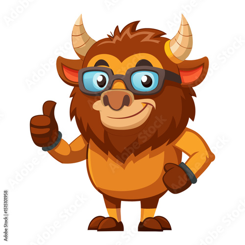 funny Bison wearing sunglasses gives a smiling thumbs-up in a vibrant, detailed 3D cartoon render, showing approval