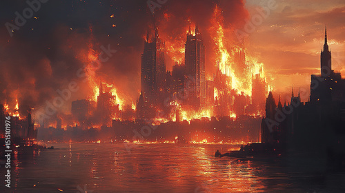 Wallpaper Mural Dramatic city skyline engulfed in flames, showcasing fiery sunset and destruction Torontodigital.ca