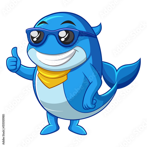 funny Blue whale wearing sunglasses gives a smiling thumbs-up in a vibrant, detailed 3D cartoon render, showing approval