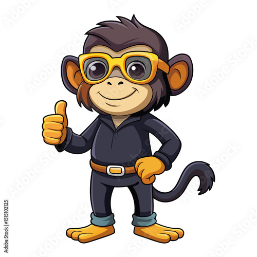 funny Chimpanzee wearing sunglasses gives a smiling thumbs-up in a vibrant, detailed 3D cartoon render, showing approval