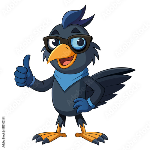 funny Crow wearing sunglasses gives a smiling thumbs-up in a vibrant, detailed 3D cartoon render, showing approval