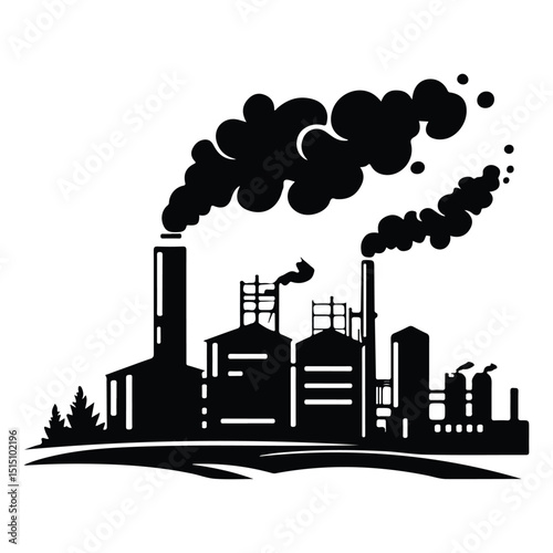 Industrial Skyline with Smoke Black and White Silhouette Design