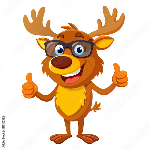 funny Elk wearing sunglasses gives a smiling thumbs-up in a vibrant, detailed 3D cartoon render, showing approval