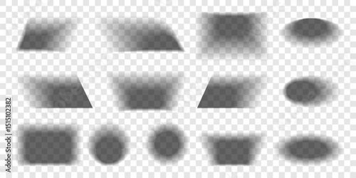 Set of realistic vector shadows in multiple geometric shapes on transparent background, perfect for UI design, product mockups, web elements, graphic overlays, and modern compositions