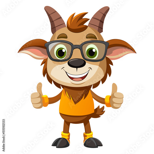 funny Goat wearing sunglasses gives a smiling thumbs-up in a vibrant, detailed 3D cartoon render, showing approval