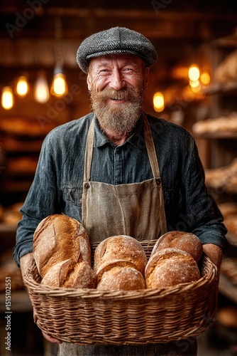 Senior baker holding basket of bread