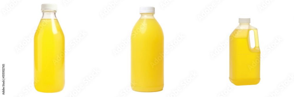 Naklejka premium Collection of Yellow Juice Bottles in Various Shapes and Sizes on transparent Background Featuring Clear Plastic Containers with Lids and Bright Yellow Liquid