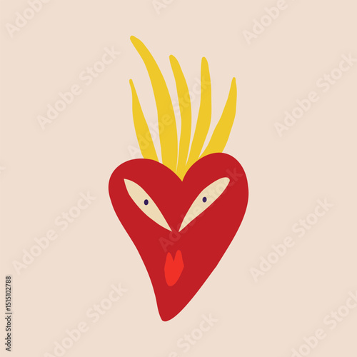 Red quirky strange clockwork heart with a funny surprised face. Illustration in modern childish hand drawn style