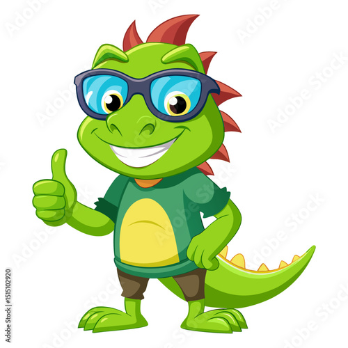 funny Iguana wearing sunglasses gives a smiling thumbs-up in a vibrant, detailed 3D cartoon render, showing approval