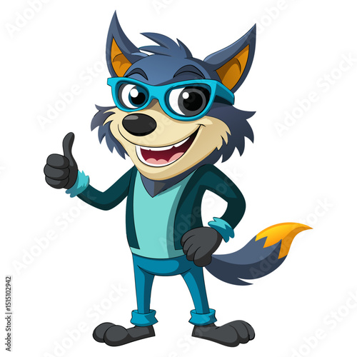 funny Jackal wearing sunglasses gives a smiling thumbs-up in a vibrant, detailed 3D cartoon render, showing approval