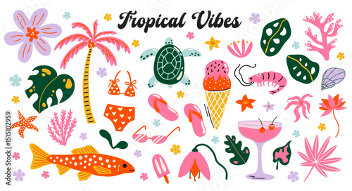Tropical aesthetic, summer sea vacation vibes, holiday themed vector sticker elements set. Collection of cute groovy funky cartoon illustration of beach objects, palm tree, drinks, exotic flowers