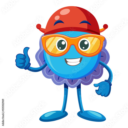 funny Jellyfish wearing sunglasses gives a smiling thumbs-up in a vibrant, detailed 3D cartoon render, showing approval