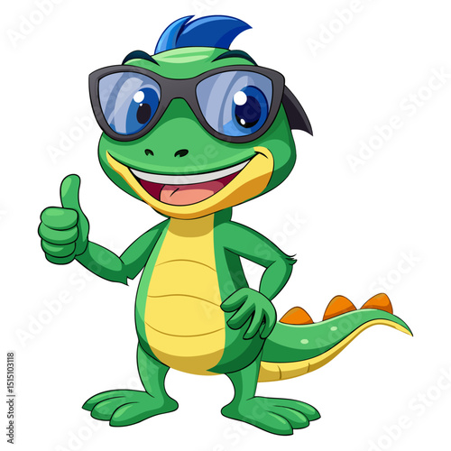 funny Lizard wearing sunglasses gives a smiling thumbs-up in a vibrant, detailed 3D cartoon render, showing approval