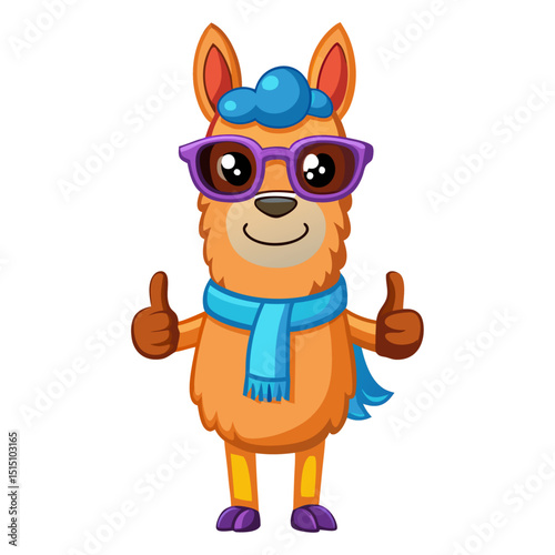 funny Llama wearing sunglasses gives a smiling thumbs-up in a vibrant, detailed 3D cartoon render, showing approval