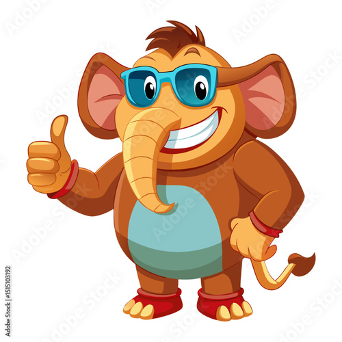 funny Mammoth wearing sunglasses gives a smiling thumbs-up in a vibrant, detailed 3D cartoon render, showing approva