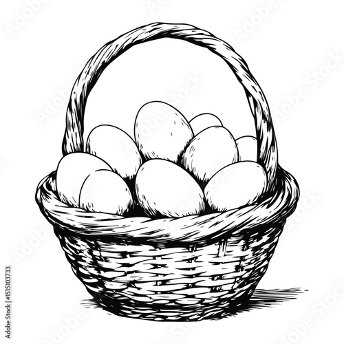 Black and white full basket of eggs depicting farm fresh produce and an eco-friendly food theme