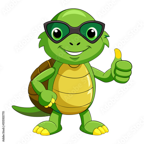 Vibrant 3D cartoon: funny turtle in sunglasses giving a thumbs-up.