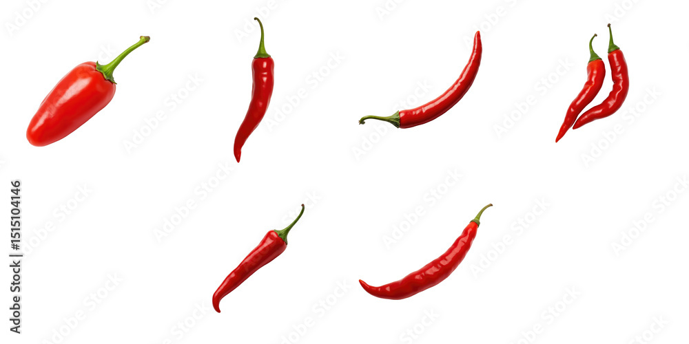 Collection of Various Red Chili Peppers on a transparent Background Showcasing Different Shapes and Sizes with Glossy Textures and Vibrant Colors for Culinary Uses and Graphic Design Collection of Various Red Chili Peppers on a transparent Background Showcasing Different Shapes and Sizes with Glossy Textures and Vibrant Colors for Culinary Uses and Graphic Design