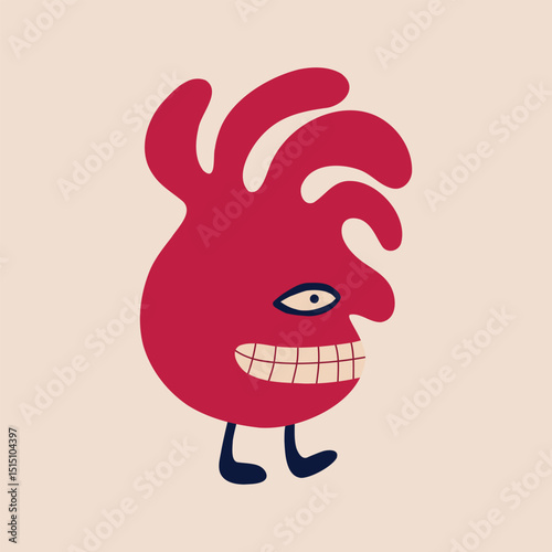 Red funny character baby monster with funny smile face. Illustration in a modern childish hand-drawn style