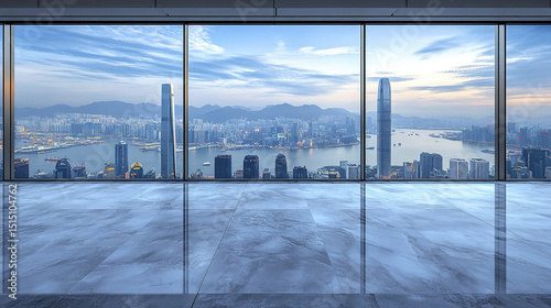 stunning view of modern city skyline from empty marble floor  evoking sense of tranquility