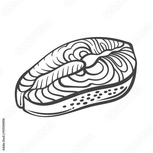 Salmon steak outline drawing in hand drawn doodle style. Monochrome seafood cut for menu, culinary labels, or healthy diet design. Vector illustration.