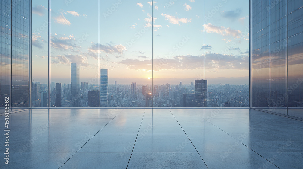Fototapeta premium modern empty space with stunning city skyline view at sunset, creating serene atmosphere