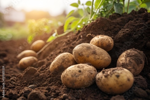 Freshly harvested potatoes in rich soil with green plants